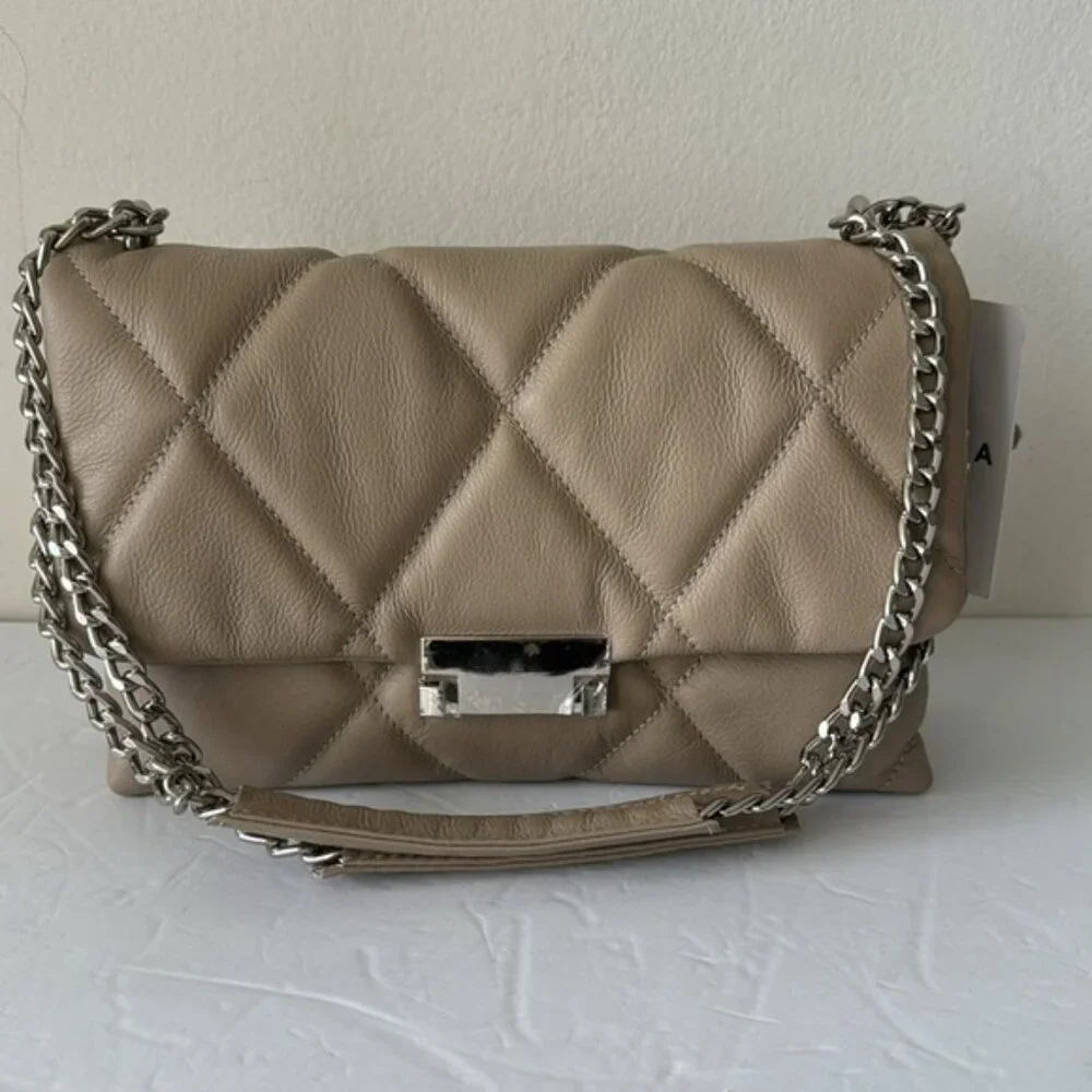 Il Duca Itlay Genuine Leather Quilted Convert Flap Handbag Taupe
